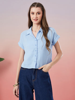 Latin Quarters Women's Blue Solid Cap Sleeve Collar Neck Casual Shirt