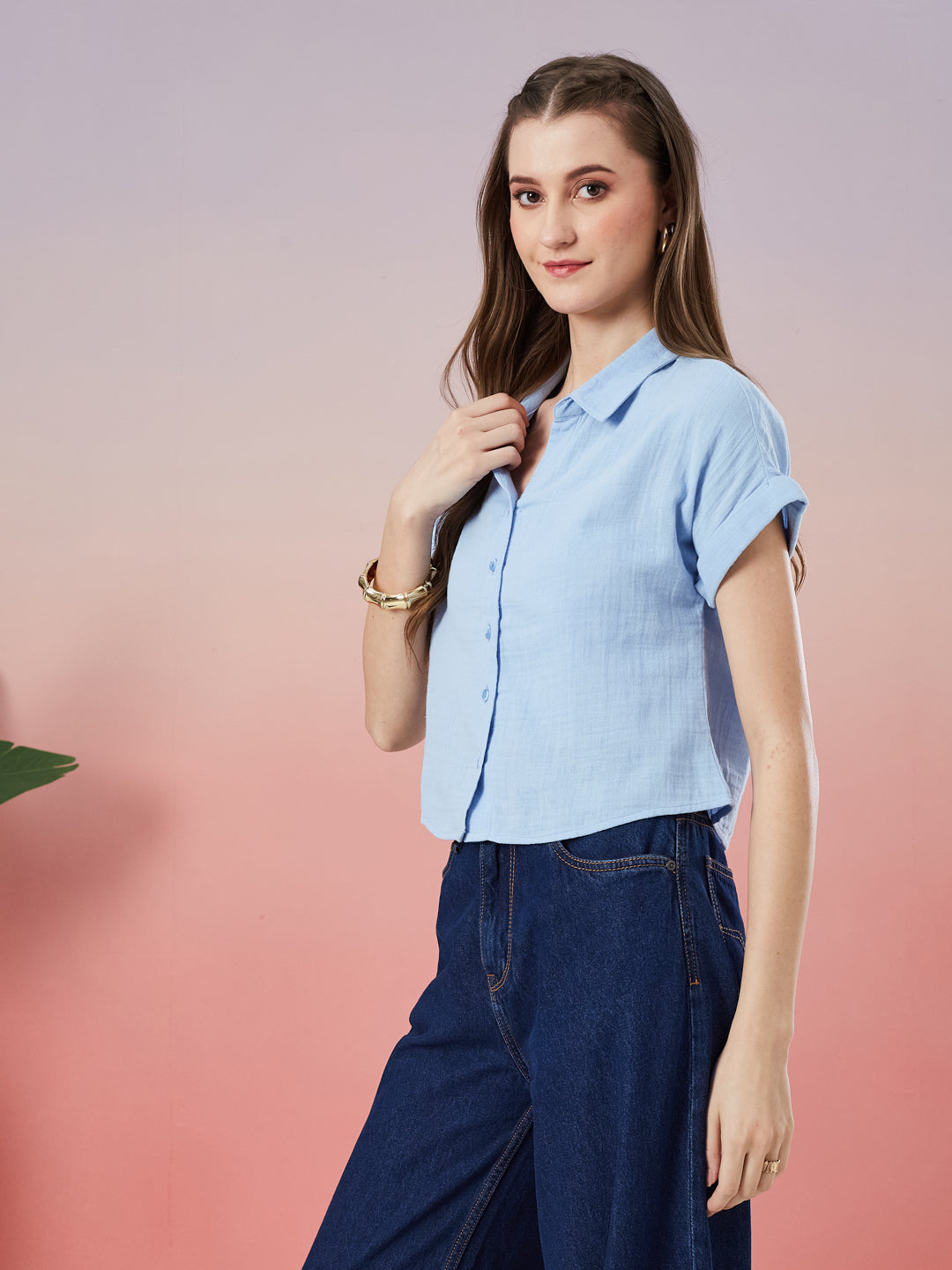 Latin Quarters Women's Blue Solid Cap Sleeve Collar Neck Casual Shirt