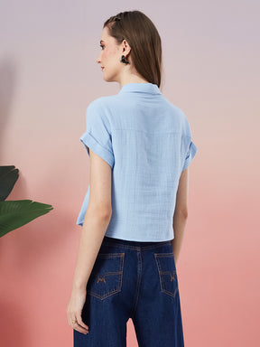 Latin Quarters Women's Blue Solid Cap Sleeve Collar Neck Casual Shirt