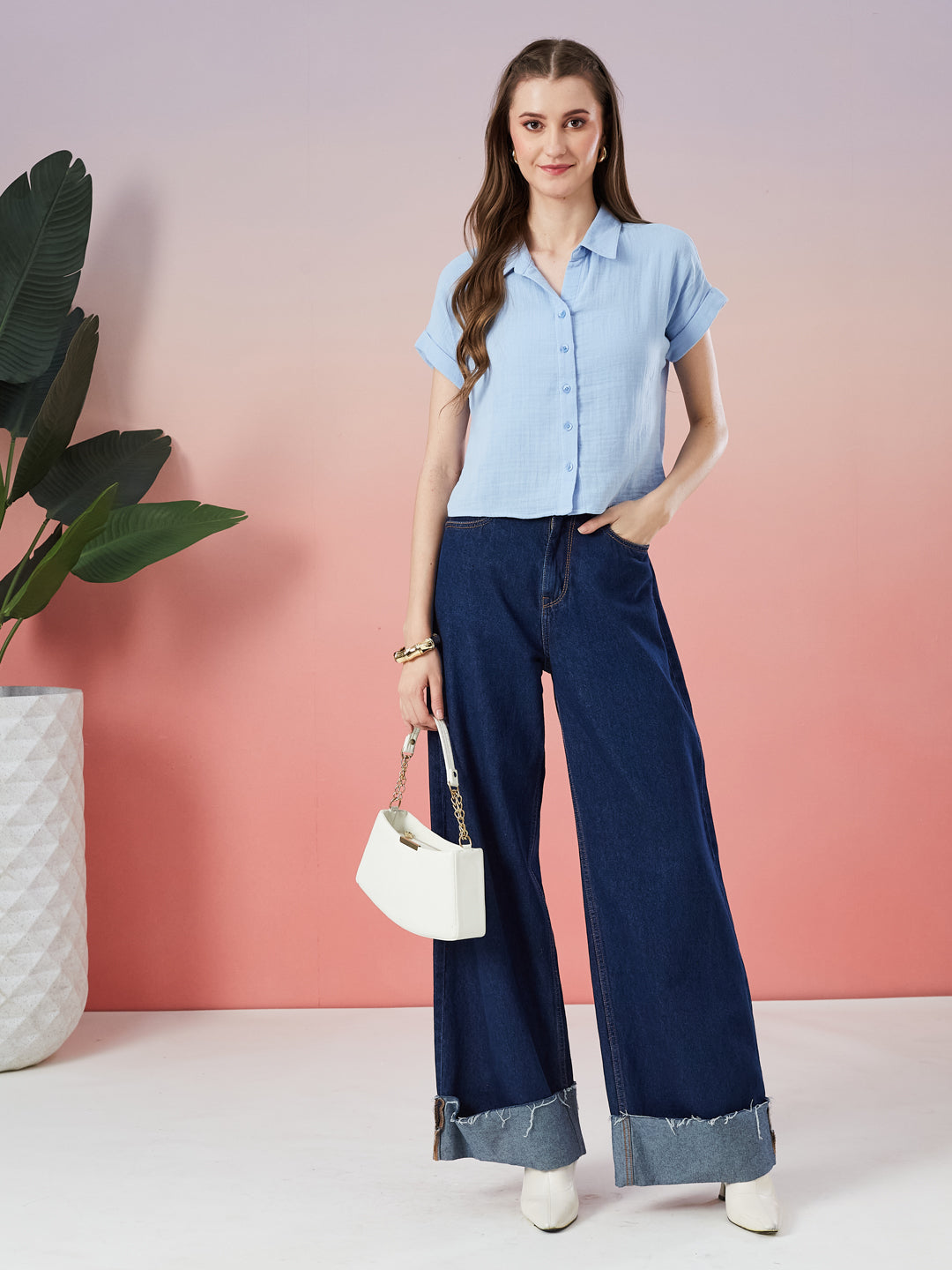 Latin Quarters Women's Blue Solid Cap Sleeve Collar Neck Casual Shirt