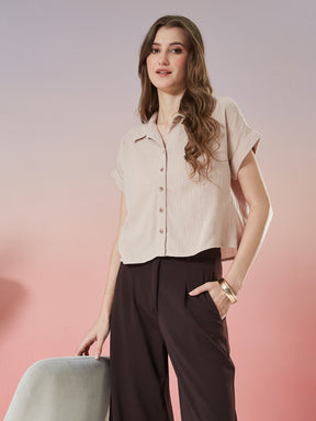 Latin Quarters Women's Beige Solid Cap Sleeve Collar Neck Casual Shirt