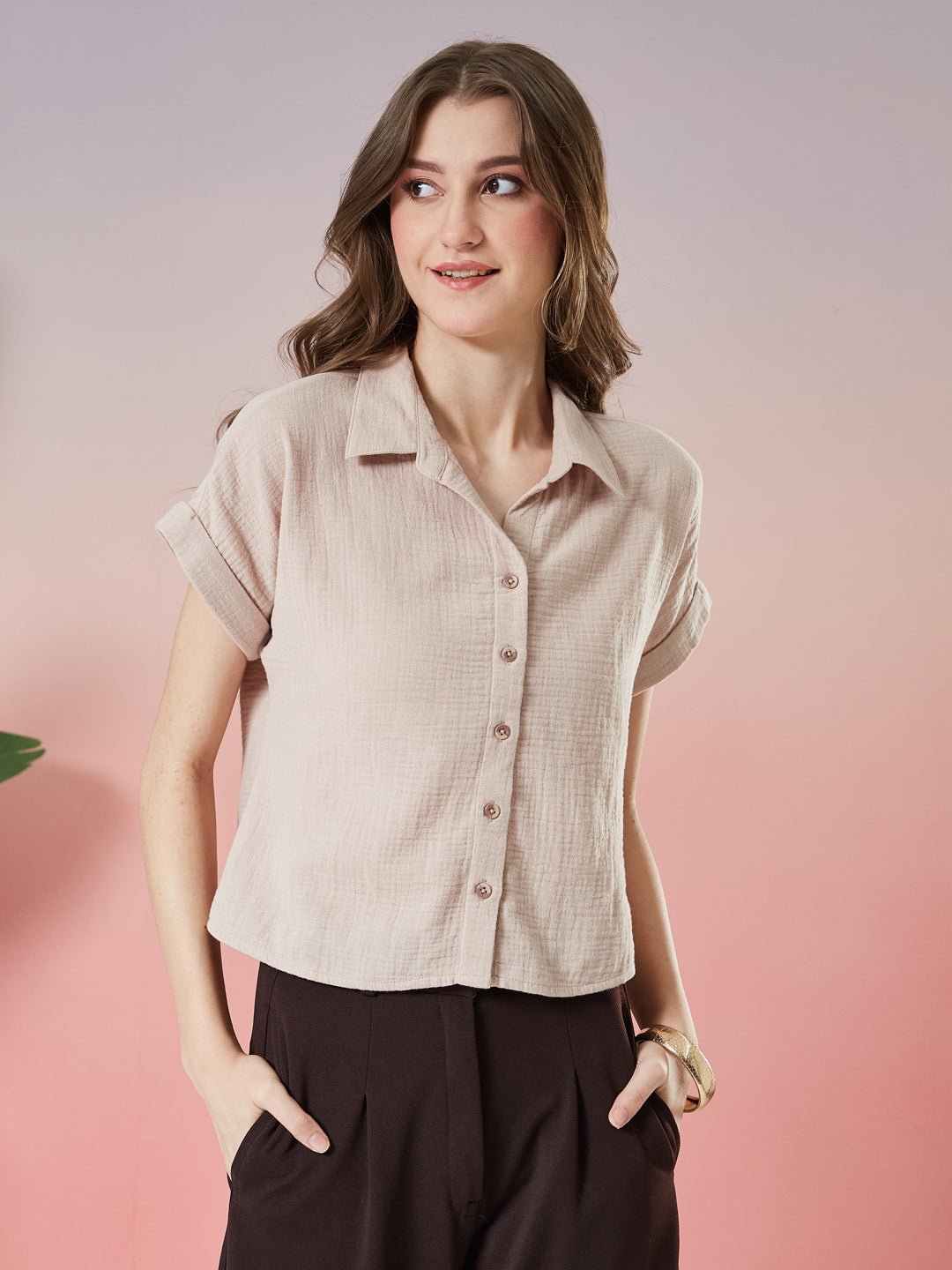 Latin Quarters Women's Beige Solid Cap Sleeve Collar Neck Casual Shirt