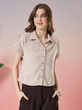 Latin Quarters Women's Beige Solid Cap Sleeve Collar Neck Casual Shirt