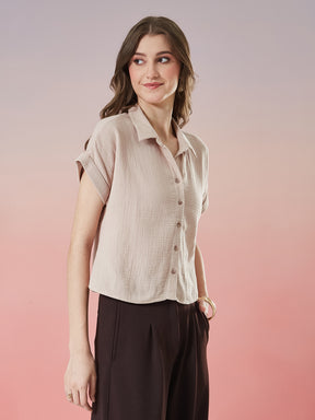 Latin Quarters Women's Beige Solid Cap Sleeve Collar Neck Casual Shirt