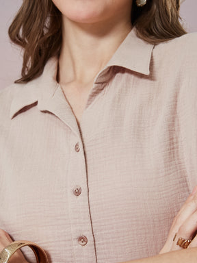 Latin Quarters Women's Beige Solid Cap Sleeve Collar Neck Casual Shirt