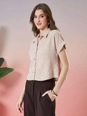 Latin Quarters Women's Beige Solid Cap Sleeve Collar Neck Casual Shirt