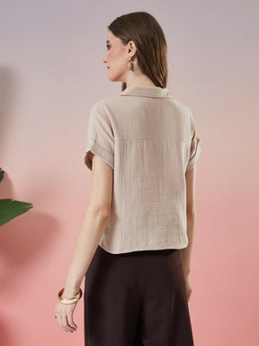 Latin Quarters Women's Beige Solid Cap Sleeve Collar Neck Casual Shirt
