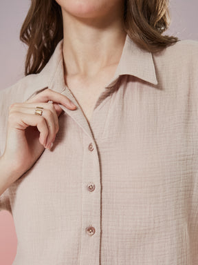 Latin Quarters Women's Beige Solid Cap Sleeve Collar Neck Casual Shirt