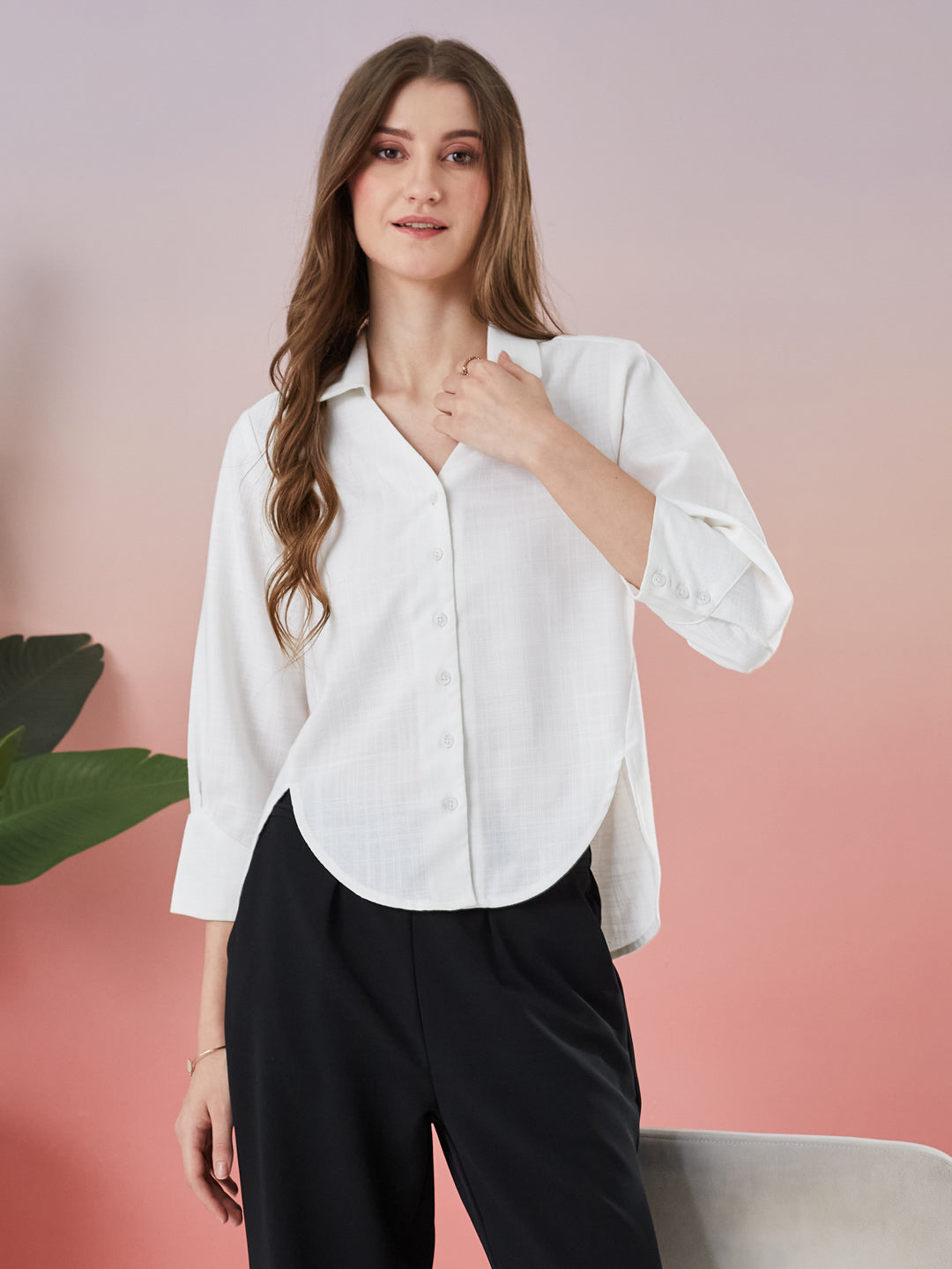 Latin Quarters Women's White Solid 3/4th Sleeve Collar Neck Casual Shirt