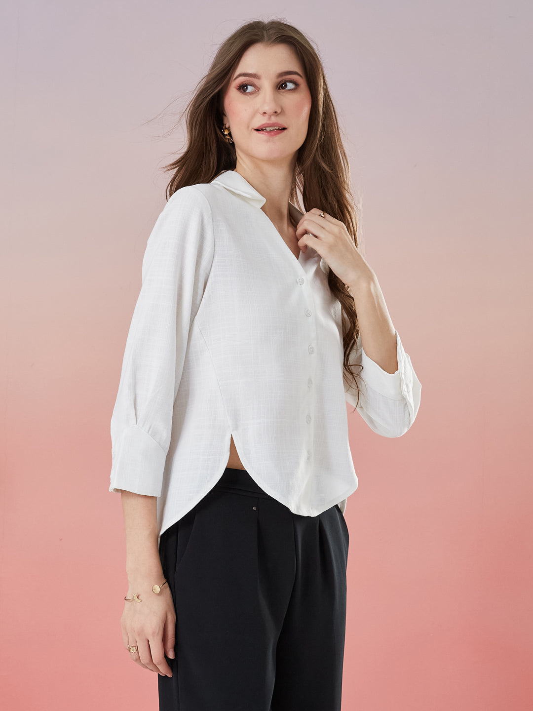 Latin Quarters Women's White Solid 3/4th Sleeve Collar Neck Casual Shirt