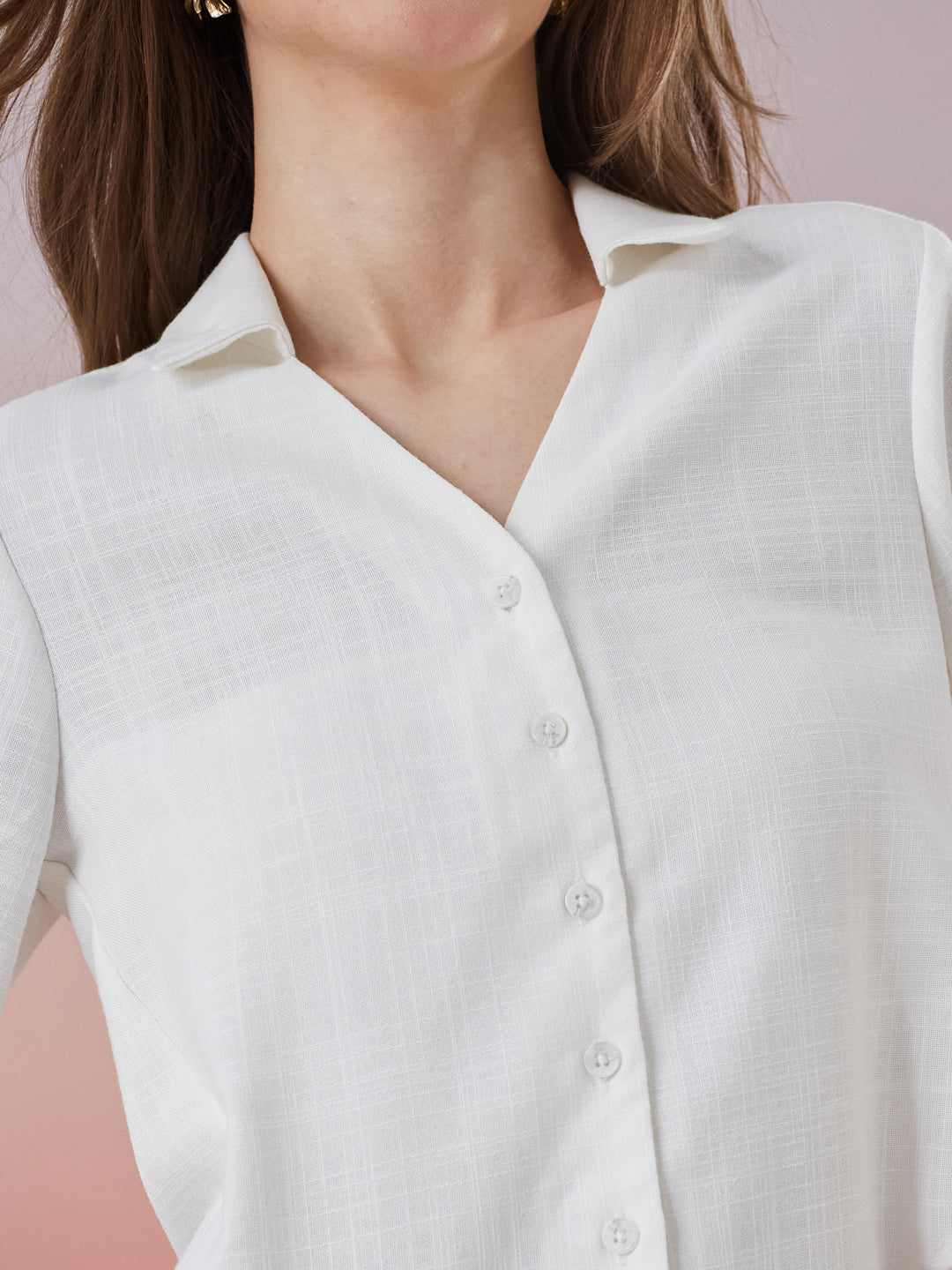 Latin Quarters Women's White Solid 3/4th Sleeve Collar Neck Casual Shirt