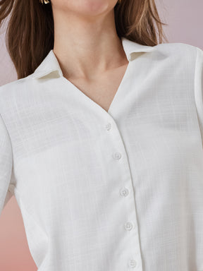 Latin Quarters Women's White Solid 3/4th Sleeve Collar Neck Casual Shirt