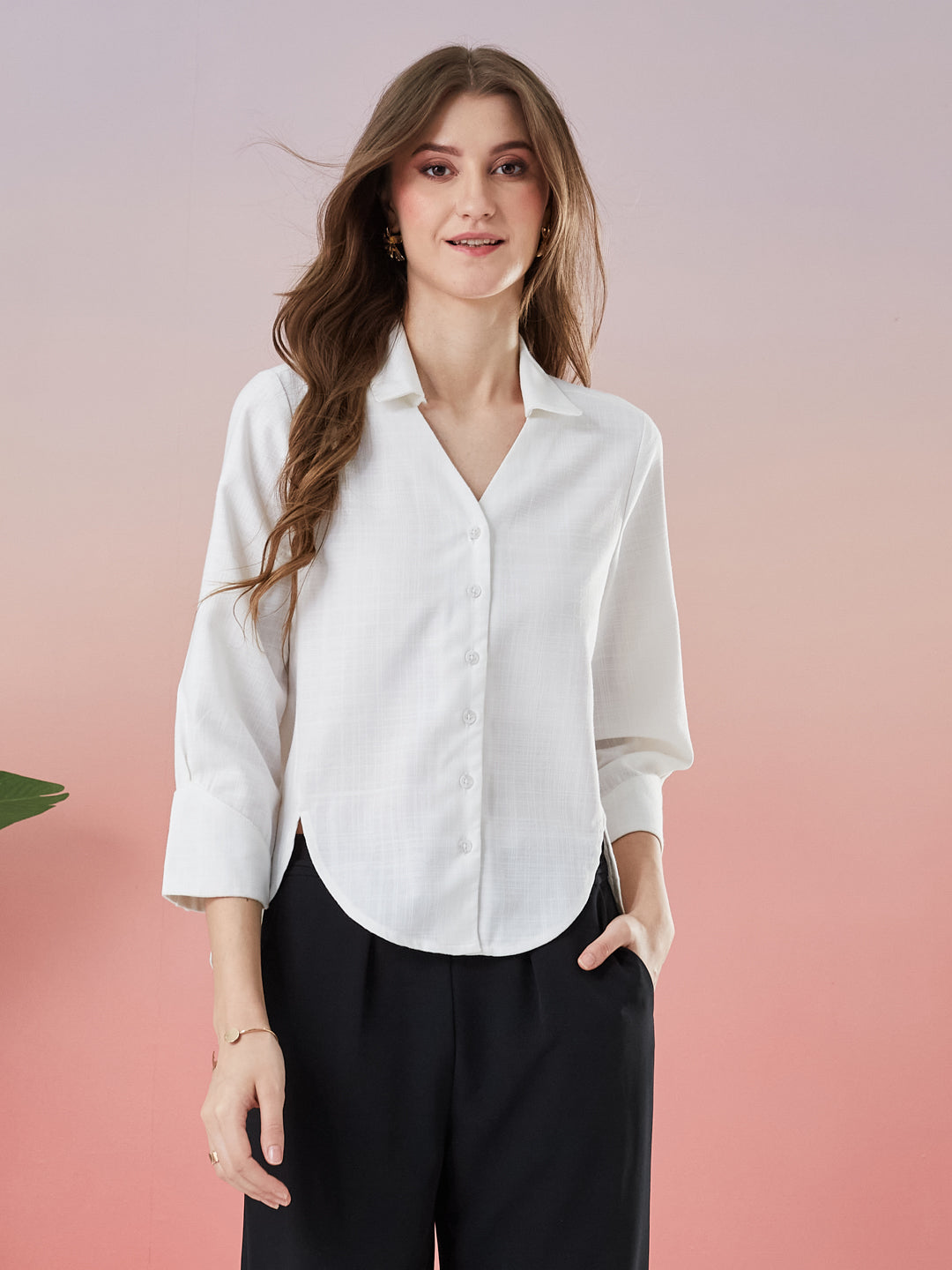 Latin Quarters Women's White Solid 3/4th Sleeve Collar Neck Casual Shirt