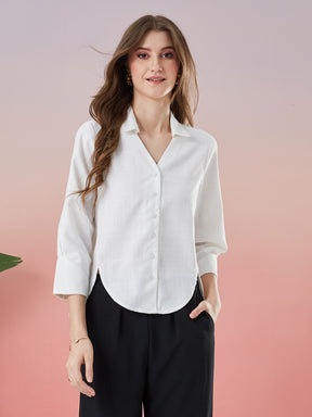 Latin Quarters Women's White Solid 3/4th Sleeve Collar Neck Casual Shirt