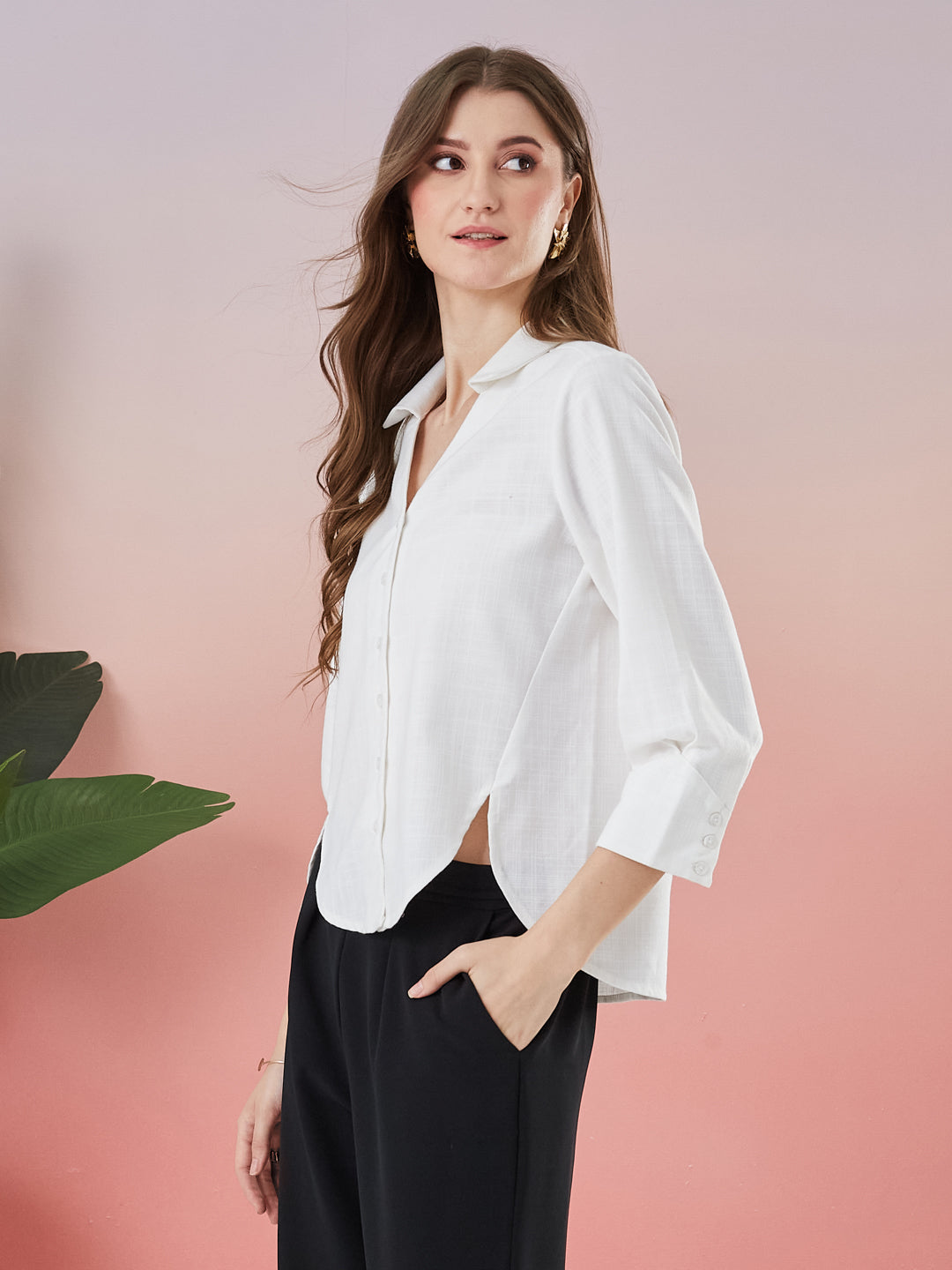Latin Quarters Women's White Solid 3/4th Sleeve Collar Neck Casual Shirt