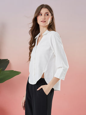 Latin Quarters Women's White Solid 3/4th Sleeve Collar Neck Casual Shirt