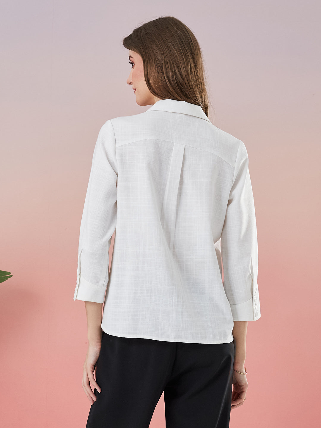 Latin Quarters Women's White Solid 3/4th Sleeve Collar Neck Casual Shirt