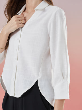 Latin Quarters Women's White Solid 3/4th Sleeve Collar Neck Casual Shirt