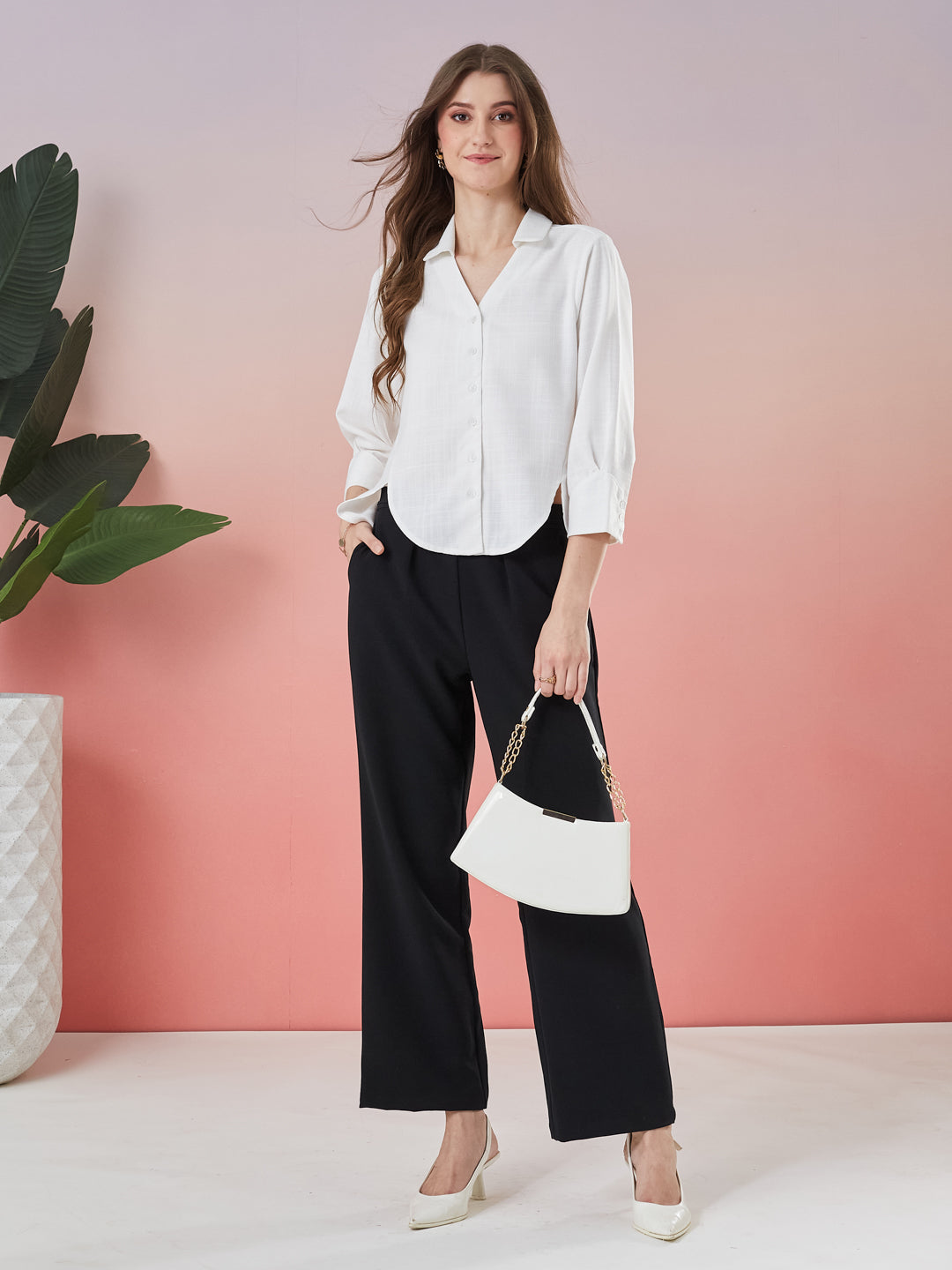 Latin Quarters Women's White Solid 3/4th Sleeve Collar Neck Casual Shirt