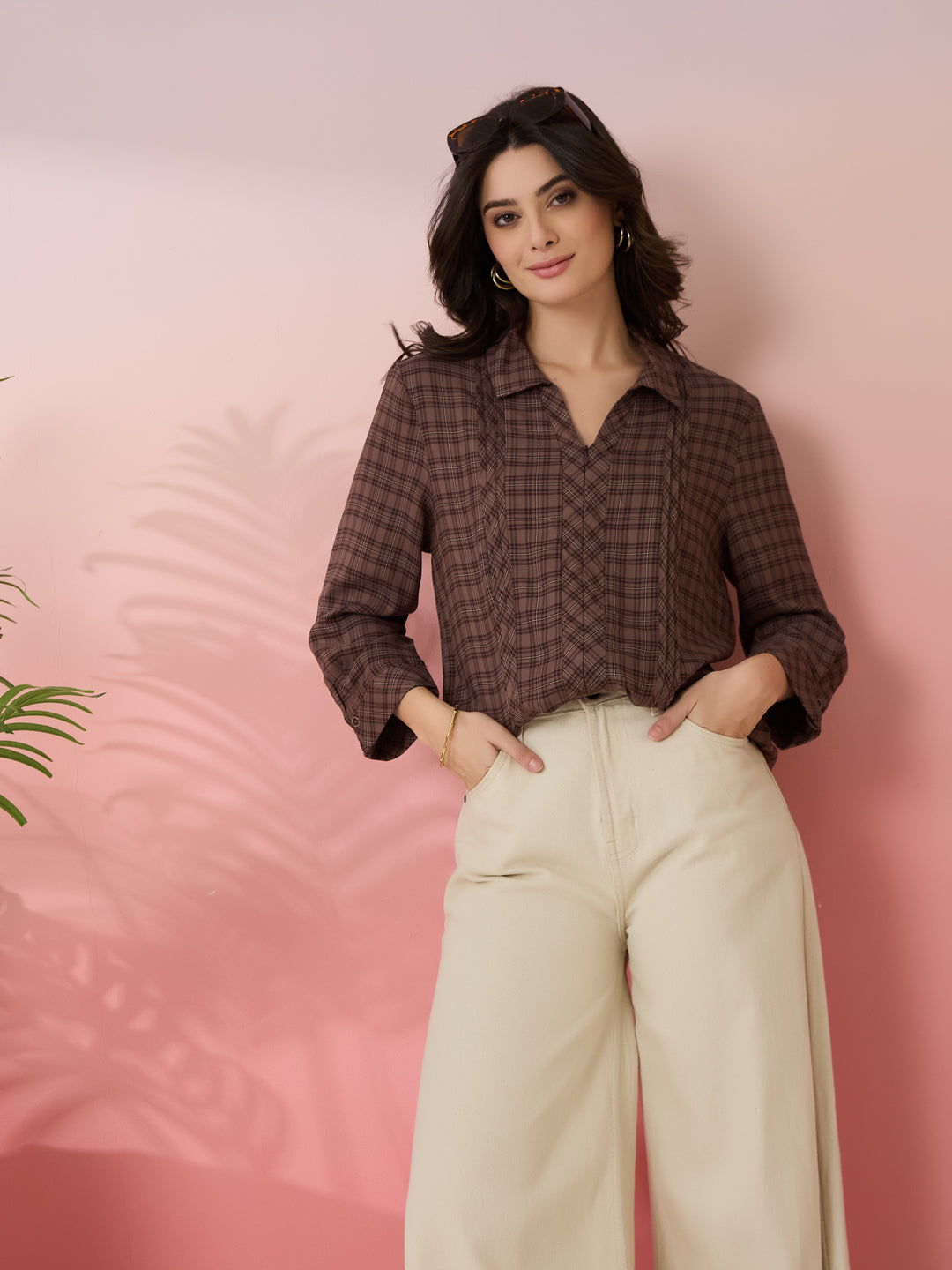 Latin Quarters Women's Brown Check Collar Neck 3/4th Sleeves Casual Shirt
