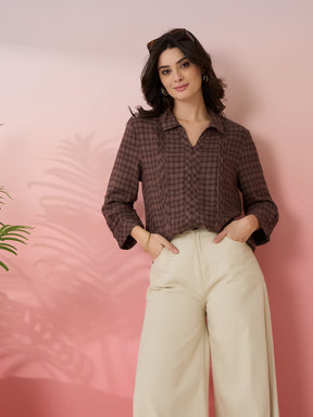 Latin Quarters Women's Brown Check Collar Neck 3/4th Sleeves Casual Shirt