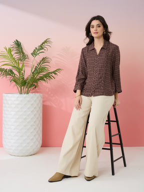Latin Quarters Women's Brown Check Collar Neck 3/4th Sleeves Casual Shirt
