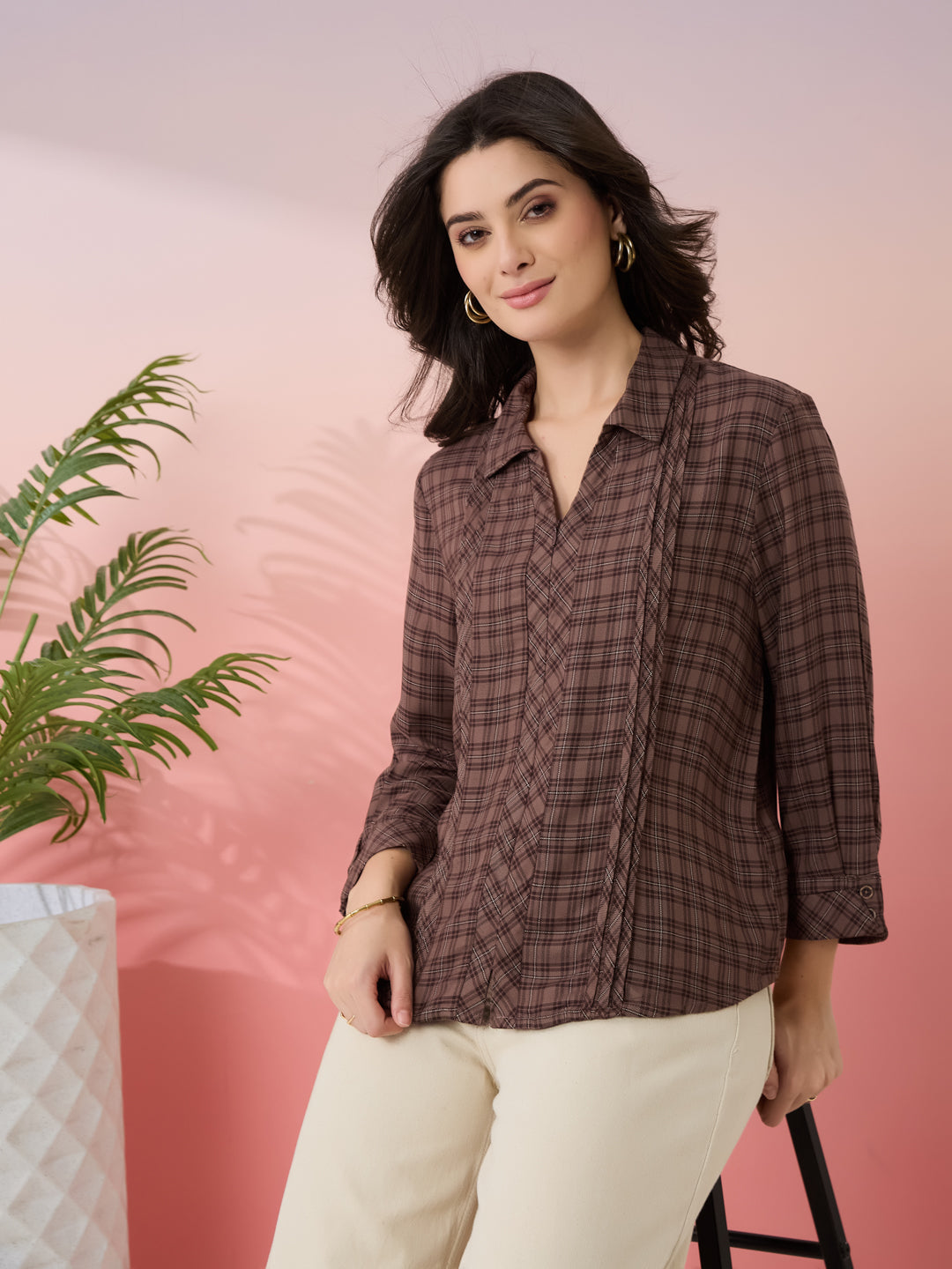 Latin Quarters Women's Brown Check Collar Neck 3/4th Sleeves Casual Shirt