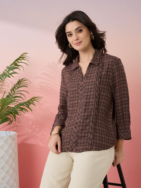 Latin Quarters Women's Brown Check Collar Neck 3/4th Sleeves Casual Shirt