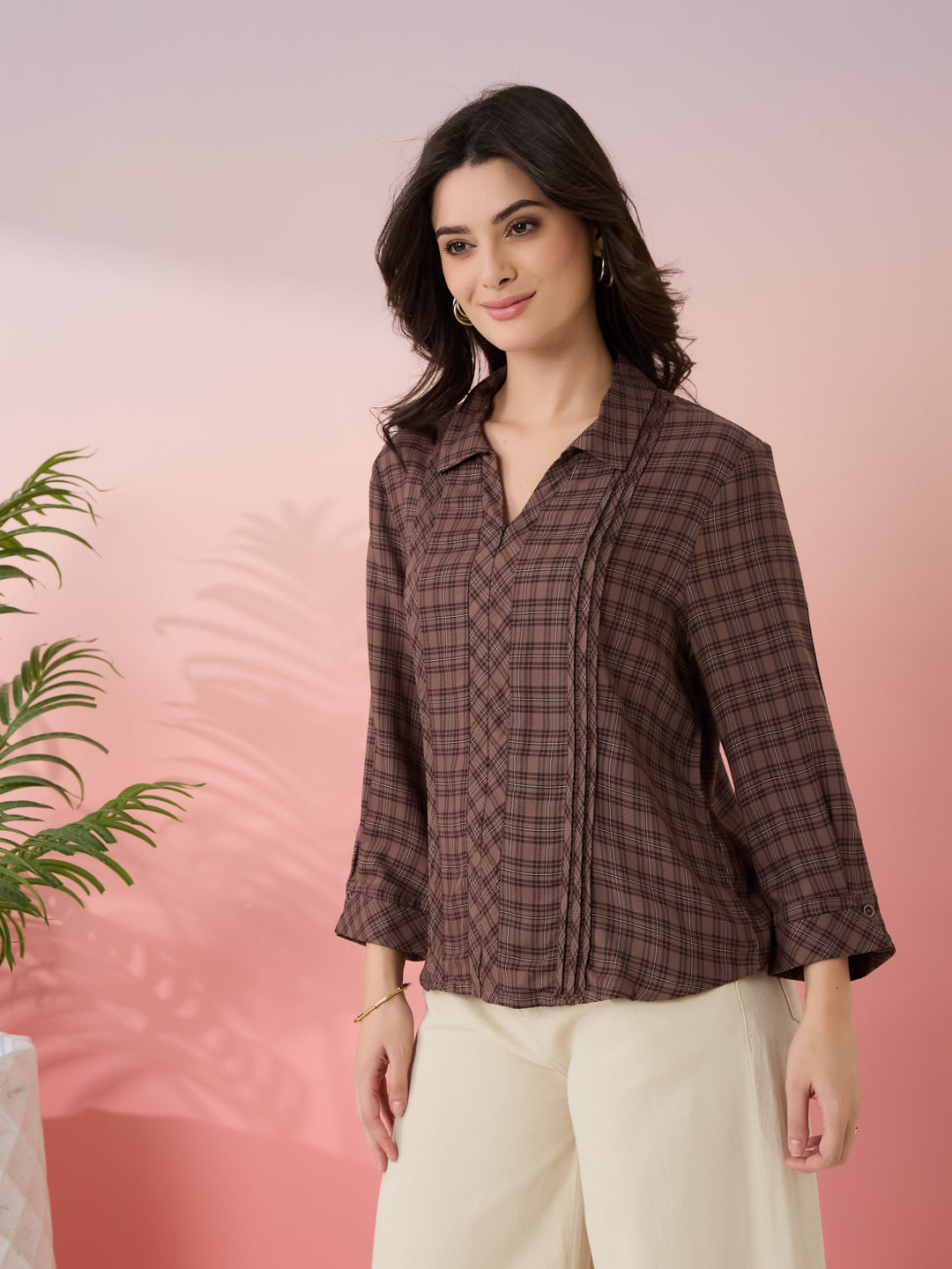 Latin Quarters Women's Brown Check Collar Neck 3/4th Sleeves Casual Shirt