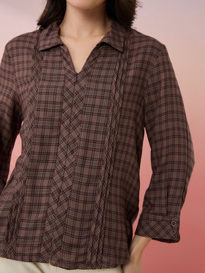 Latin Quarters Women's Brown Check Collar Neck 3/4th Sleeves Casual Shirt