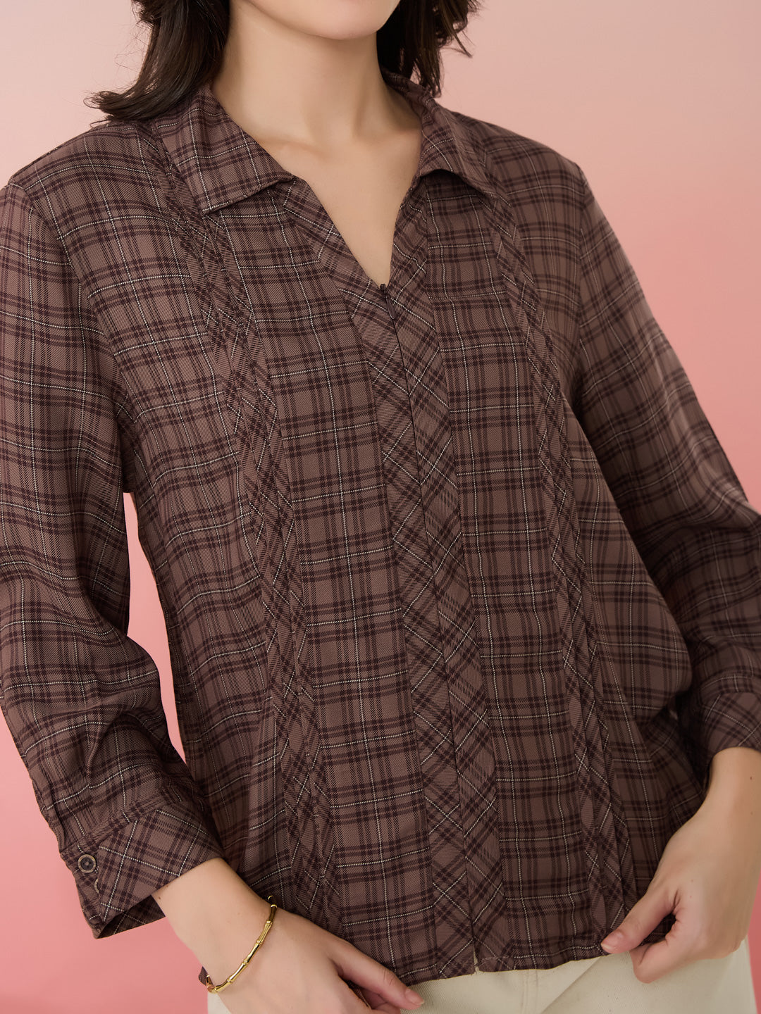 Latin Quarters Women's Brown Check Collar Neck 3/4th Sleeves Casual Shirt