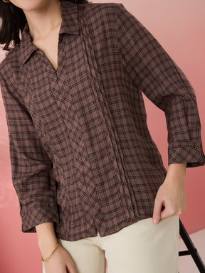 Latin Quarters Women's Brown Check Collar Neck 3/4th Sleeves Casual Shirt