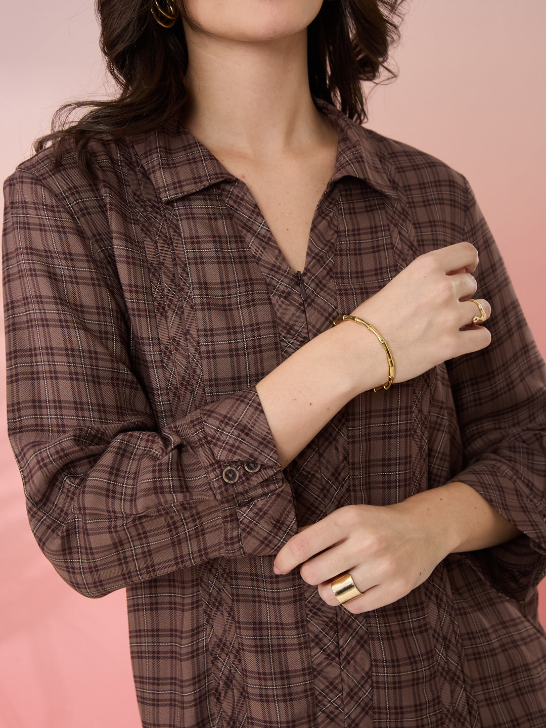 Latin Quarters Women's Brown Check Collar Neck 3/4th Sleeves Casual Shirt