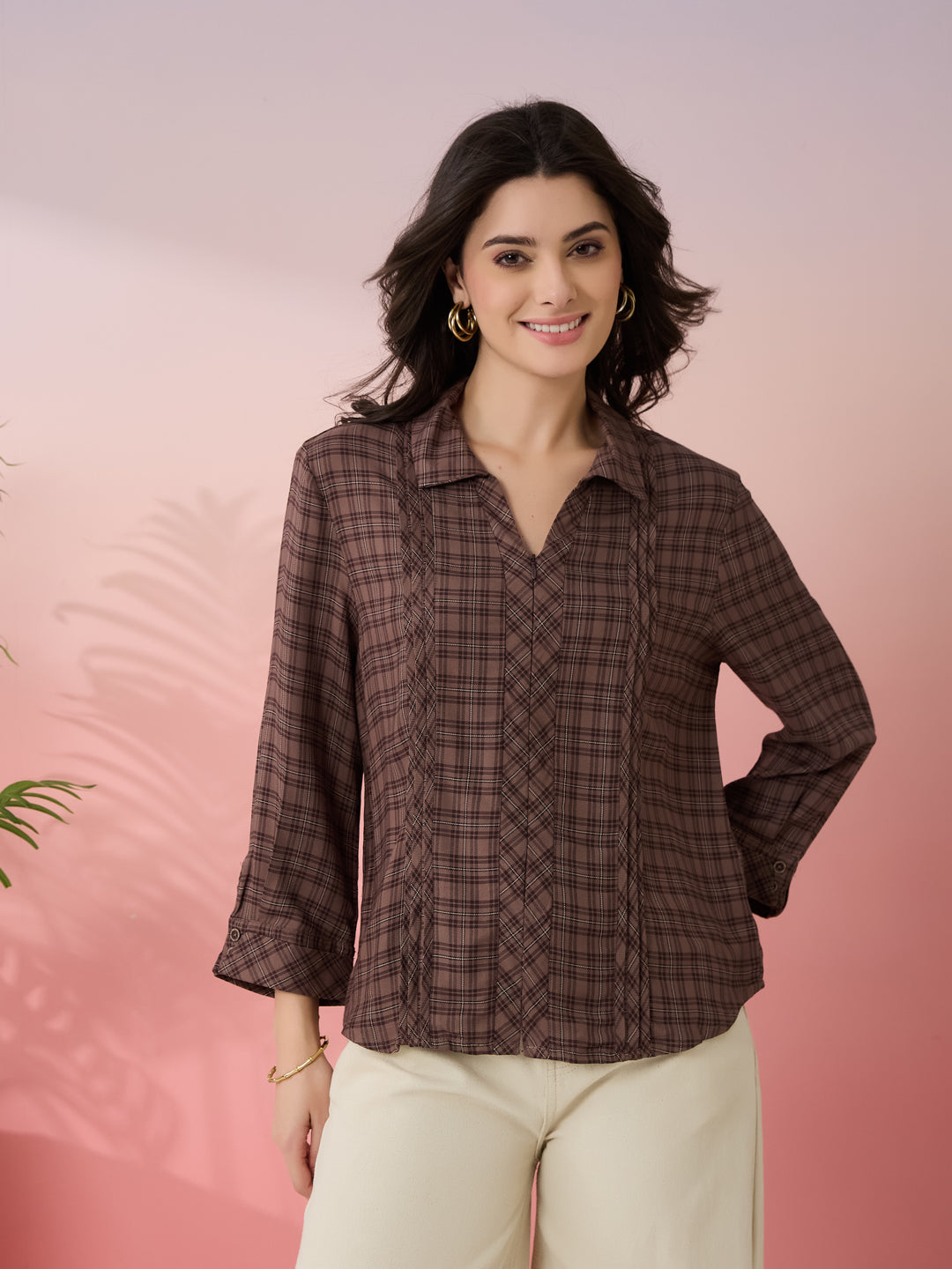Latin Quarters Women's Brown Check Collar Neck 3/4th Sleeves Casual Shirt