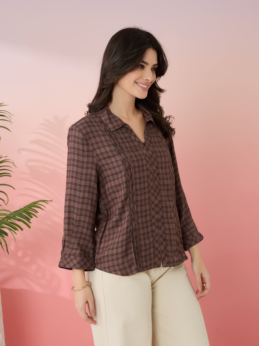 Latin Quarters Women's Brown Check Collar Neck 3/4th Sleeves Casual Shirt