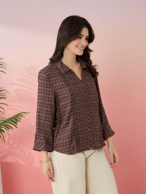 Latin Quarters Women's Brown Check Collar Neck 3/4th Sleeves Casual Shirt