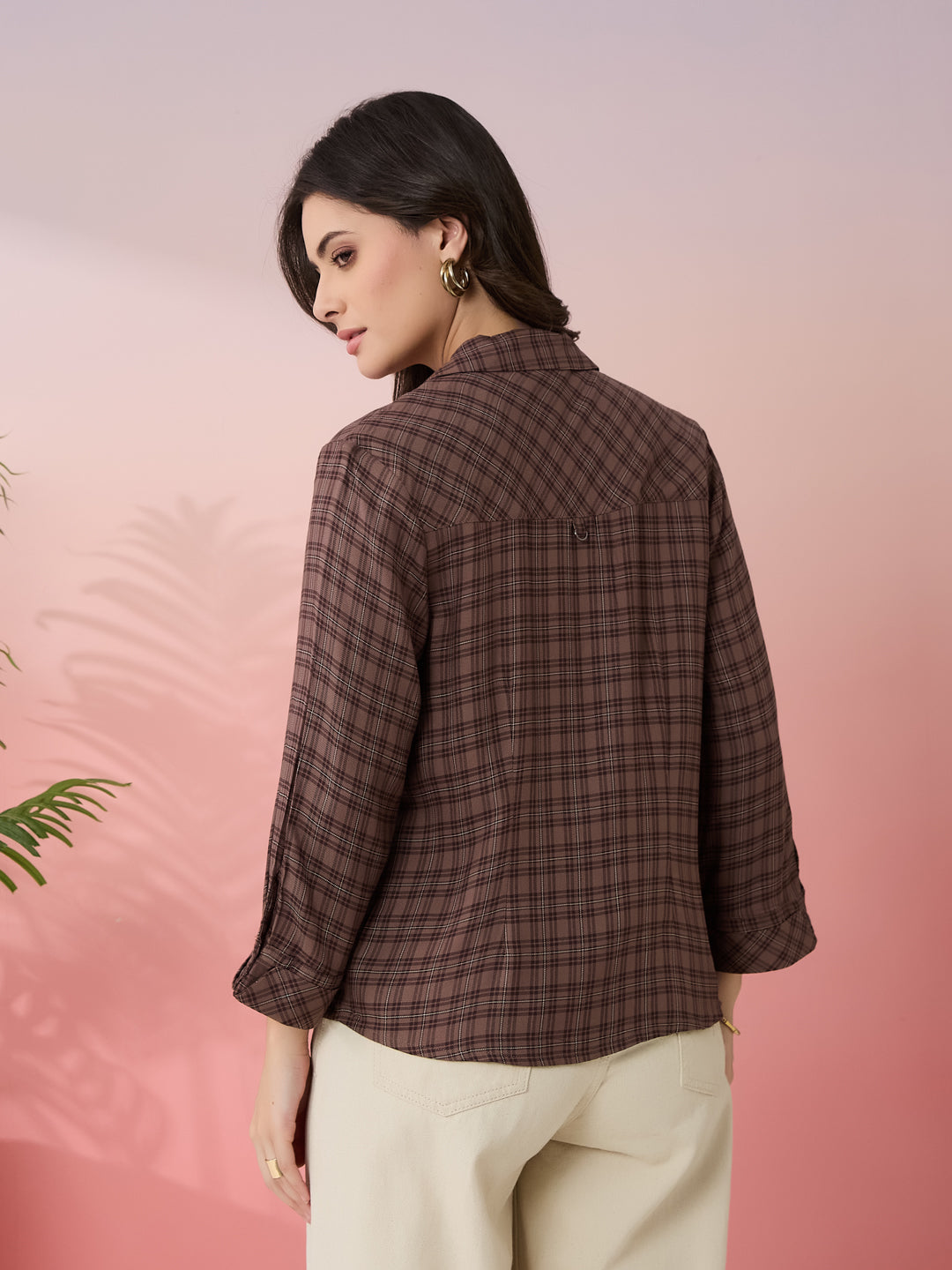 Latin Quarters Women's Brown Check Collar Neck 3/4th Sleeves Casual Shirt