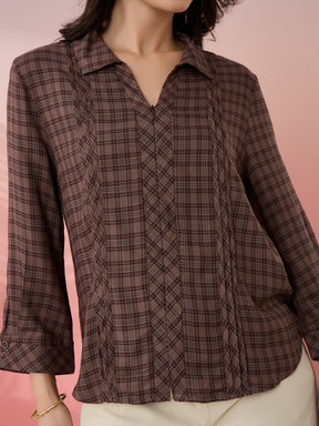 Latin Quarters Women's Brown Check Collar Neck 3/4th Sleeves Casual Shirt
