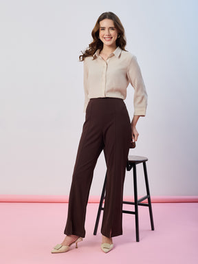 Latin Quarters Women's Beige Solid 3/4th Sleeves Collar Neck Casual Shirt