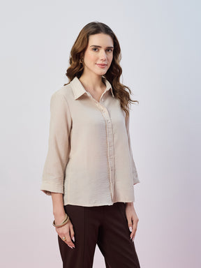 Latin Quarters Women's Beige Solid 3/4th Sleeves Collar Neck Casual Shirt