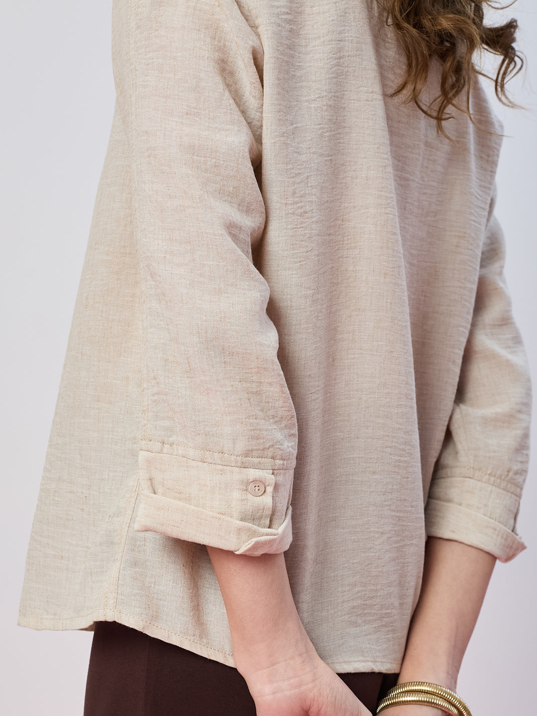 Latin Quarters Women's Beige Solid 3/4th Sleeves Collar Neck Casual Shirt