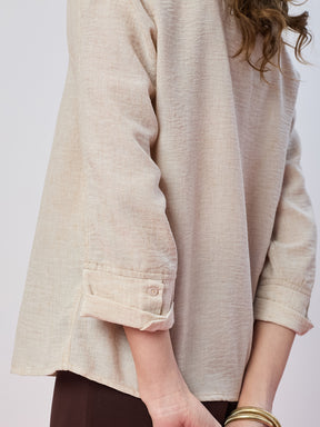 Latin Quarters Women's Beige Solid 3/4th Sleeves Collar Neck Casual Shirt