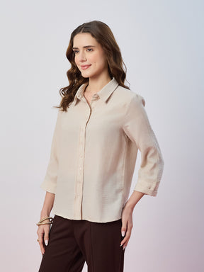 Latin Quarters Women's Beige Solid 3/4th Sleeves Collar Neck Casual Shirt