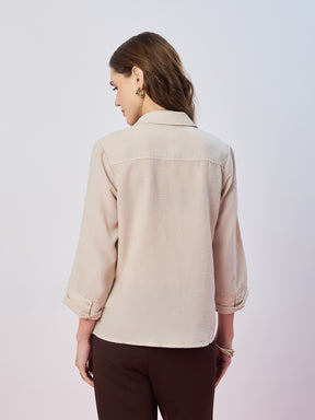 Latin Quarters Women's Beige Solid 3/4th Sleeves Collar Neck Casual Shirt