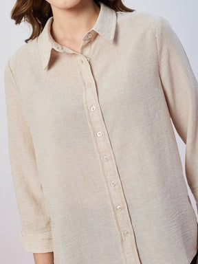 Latin Quarters Women's Beige Solid 3/4th Sleeves Collar Neck Casual Shirt