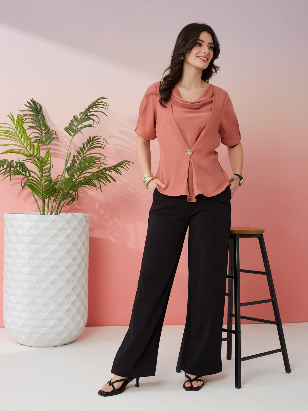 Latin Quarters Women's Peach Solid Cowl Neck Half Sleeves Casual Top