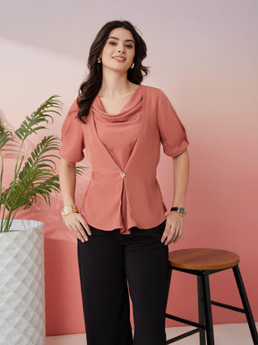 Latin Quarters Women's Peach Solid Cowl Neck Half Sleeves Casual Top