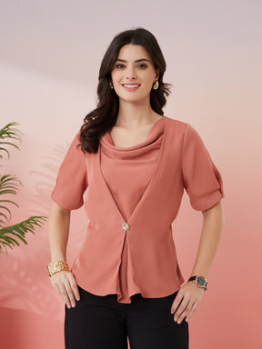 Latin Quarters Women's Peach Solid Cowl Neck Half Sleeves Casual Top