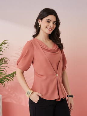 Latin Quarters Women's Peach Solid Cowl Neck Half Sleeves Casual Top