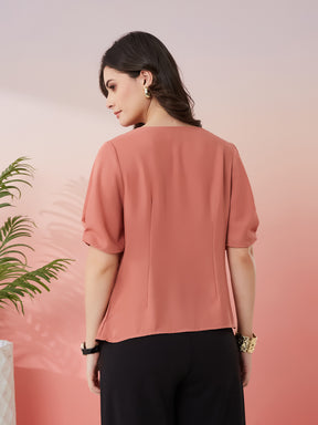Latin Quarters Women's Peach Solid Cowl Neck Half Sleeves Casual Top
